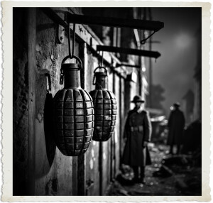 Two pineapple-style grenades hang from a metal rack on a damaged brick wall in the foreground, while two soldiers in long coats stand watch in the smoky, rubble-filled street beyond. The tense black-and-white composition evokes the quiet dread before an ambush, framed with a vintage distressed photo border.