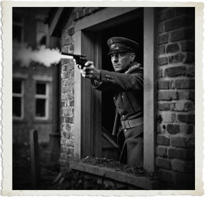An officer in a peaked cap leans from a brick building doorway, firing a revolver with a bright muzzle flash and smoke. His focused gaze cuts through the tension of close-quarters urban combat. The dramatic black-and-white scene includes a vintage distressed photo border.