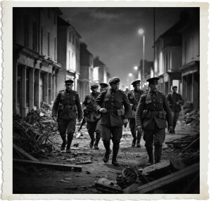 Black and white photograph of a group of soldiers in World War I-era uniforms marching down a rubble-strewn street at night in a devastated town. The soldiers, some wearing berets and carrying gear, move forward with alert expressions amid piles of debris and damaged buildings lining both sides of the narrow road. Streetlights illuminate the grim scene in the background. The image has a vintage, torn-edge photo border.