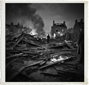 Black and white photograph of a devastated war-torn town at night. A soldier in a long coat and cap stands in the foreground on the right, observing the destruction. Another soldier stands further down the rubble-strewn street amid piles of broken wood, debris, and smoldering fires. In the background, damaged buildings with collapsed roofs and chimneys are visible under a dark, smoky sky, with thick plumes of smoke rising and flames flickering throughout the scene. The image has a vintage, torn-edge photo border.