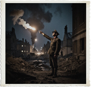 Desaturated color photograph of a soldier in a peaked cap and military uniform standing amid rubble in a devastated town at night. He holds a brightly burning flare aloft in his right hand, its intense warm light and thick plume of smoke cutting through the dark, blue-toned sky. Damaged buildings line the debris-filled street in the background. The dramatic lighting emphasizes the tension of the moment. The image has a vintage, torn-edge photo border.
