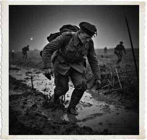 Black and white photograph of a weary soldier in a muddy World War I-style uniform and beret, trudging through deep, waterlogged mud with his backpack slung over one shoulder. Mud splashes around his boots as he leans forward with a determined expression. Other soldiers are visible moving through the foggy battlefield in the background, with barbed wire and uneven terrain adding to the grim atmosphere. The image has a vintage, torn-edge photo border.