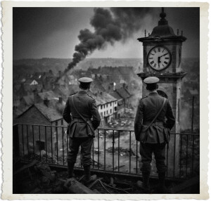 Black and white photograph of two soldiers in early 20th-century military uniforms standing side-by-side with their backs to the viewer on a damaged balcony or rooftop. They are looking out over a war-torn town with destroyed buildings and thick plumes of black smoke rising in the distance. To their right is a prominent stone clock tower with a large clock face. The scene conveys a somber, strategic overlook of the destruction below. The image has a vintage, torn-edge photo border.