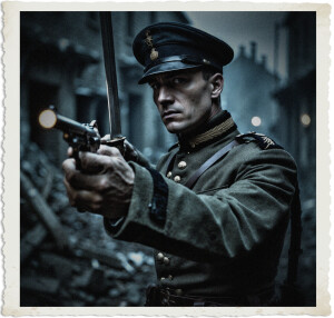 A determined officer in a dark WWI/WWII-era military uniform and peaked cap stands amid rubble in a war-torn street, aiming a pistol with a bright muzzle flash while gripping a raised sword in his other hand. His intense gaze is fixed off-camera in a dramatic, cinematic ambush moment. The image features a vintage distressed photo border.