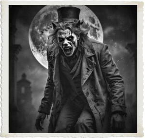 a surreal and vibrant cinematic photo of a human transforming into a werewolf, set against a backdrop of a misty forest under a full moon, with the subject wearing attire appropriate for 1915, including a long coat and a top hat, their facial features contorting in a mixture of pain and terror as their body begins to morph, with realistic film grain and a photorealistic style, capturing the intense emotional moment of transformation, with muted earthy tones and deep shadows, and an overall atmosphere of eerie suspense, the subject's skin a pale complexion with a hint of moonlit glow, their eyes glowing yellow as their body hair grows, with a subtle texture of fur and fabric, and a sense of dynamic movement, as if the transformation is happening in a split second.