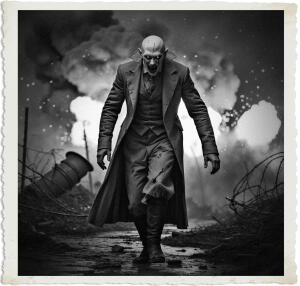 a surreal and vibrant cinematic photo of a pale-skinned Vampire with sharp fangs and piercing eyes, clad in a long, tattered coat and worn trousers, caught in the midst of a chaotic and devastating explosion of a vicious artillery barrage, set against the dark and desolate backdrop of No Man's Land at night in 1915, with debris and barbed wire strewn about, surreal photography, photorealistic, film grain, and a muted color palette with flashes of orange and yellow from the explosions, illuminated by the faint moonlight and the glow of artillery fire.