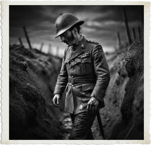 a surreal and vibrant cinematic photo of a British officer with a weary expression, walking down the trenches with a slight limp, headed towards his dugout, the sky above a deep shade of indigo with hints of crimson, indicating dawn is near, his uniform is muddy, bloody, and torn with visible claw marks, his face smeared with dirt and blood, his eyes sunken, setting and clothing appropriate for 1915, just before dawn, with a mix of surrealist and photorealistic elements, and a subtle film grain texture, the officer's skin pale, with a few days' worth of stubble, his hair messy and unkempt, his helmet tilted to one side, revealing a few strands of hair.