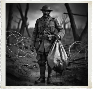 a surreal and vibrant cinematic photo of a soldier with a weary expression, worn leather boots, and a mix of mud and blood on his face, holding a burlap sac with dark red blood oozing from the bottom, set against the ominous and barren landscape of No Man's Land at night, with destroyed trees and tangled barbed wire in the background, the soldier's clothing and style are reminiscent of 1915, with a faded and tattered uniform, a wide leather belt, and a helmet, the atmosphere is tense and foreboding, with a sense of impending doom, the image is rendered in a photorealistic style with a subtle film grain, and a color palette that is muted yet vibrant, with shades of dark blues and grays, and accents of warm golden light, the overall mood is one of haunting surrealism and cinematic drama.