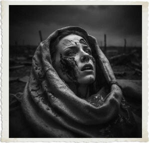 a surreal and vibrant cinematic photo of a woman's head in a bloody burlap sack, her skin is heavily scarred with deep gashes and lacerations, clothing and style are reminiscent of 1915, with tattered and worn fabrics, set against the desolate backdrop of No Man's Land at night, under a dark and foreboding sky, with remnants of war and destruction scattered throughout, surreal photography, photorealistic, film grain, with muted colors and an eerie glow, the woman's facial features are distorted in a mixture of pain and despair, her skin pale and clammy, with a few strands of hair peeking out from under the burlap sack, the overall atmosphere is one of eerie silence and haunting intensity.