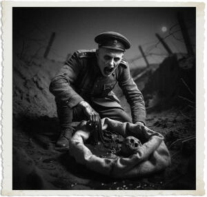 a surreal and vibrant cinematic photo of a human soldier with a pale complexion and exhausted expression, wearing a worn and tattered 1915 military uniform, recoils in horror from looking at the contents of a burlap sac with dark red blood oozing from the bottom, set against the desolate and eerie backdrop of No Man's Land at night, with faint moonlight casting long shadows, capturing the scene in a photorealistic style with subtle film grain, blending realistic details with a dreamlike atmosphere, the soldier's eyes wide with fear and his face illuminated only by the faint light of the night sky.