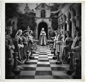 a surreal and vibrant cinematic photo of a life-sized chess game set in a lavish 17th-century courtyard, with the pieces being real humans dressed in elaborate Renaissance attire, the pawns wearing peasant clothing, the knights dressed as armored horses, the bishops as clergy, the rooks as stone castle guards, the queens as royalty, and the kings as majestic monarchs, with intricate details on their faces, skin tones ranging from pale to olive, and unique attributes such as hats, jewelry, and embroidery, amidst a backdrop of lush greenery, stone fountains, and ornate architecture, with a warm golden light casting long shadows, and a subtle film grain texture, in a photorealistic style that blends reality and fantasy, with a sense of tension and anticipation, as if the game is about to unfold.
