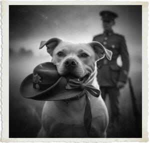 a surreal and vibrant cinematic photo of a Pitbull with a fluffy coat and floppy ears, gripping a worn British officer's hat from 1915 in its mouth, the hat's brim bent and its ribbon untied, set against a soft-focus backdrop of a misty dawn landscape with hints of golden light peeking through the darkness, the dog's owner, a soldier dressed in a World War I-era uniform, stands blurred in the background, surreal photography style with a photorealistic approach, film grain texture adding to the nostalgic ambiance, the overall mood is whimsical and dreamlike, with the dog's joyful expression and the soldier's faint smile, amidst the eerie stillness of the pre-dawn hour.