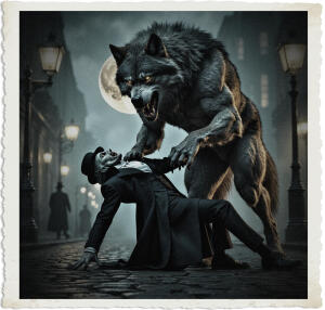 a surreal and vibrant cinematic photo of a large werewolf with sharp claws and teeth, illuminated by the soft glow of a full moon, using a vampire as a chew toy, the vampire dressed in a long black coat with a top hat, set against a backdrop of a foggy 1915 cityscape with old street lamps and cobblestone streets, the werewolf's fur a thick and lush gray and brown, its eyes glowing yellow in the dark, the vampire's skin pale and translucent, with a look of terror in its eyes, the scene captured in a photorealistic style with film grain, and a sense of dynamic movement, as if the werewolf is in mid-play, with the vampire's body bent and twisted in an unnatural pose.