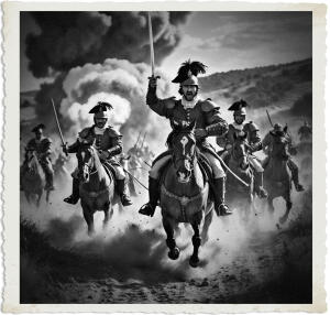 a surreal and vibrant cinematic photo of Heavy Cavalry charging the camera with intense expressions, dusty armor, swords held high, and cannon explosions erupting in the background, amidst a cloud of dust and chaos, with clothing and setting reminiscent of 17th century southern France, including intricate lace, brass buttons, and feathered hats, set against a warm and dramatic Mediterranean landscape with rolling hills and golden sunlight, in a photorealistic style with subtle film grain, capturing the dynamic movement and energy of the charging cavalry, with a sense of urgency and danger, and a color palette that blends earthy tones with flashes of bright steel and smoke.
