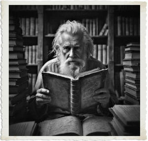 a surreal and vibrant cinematic photo of an elderly man with wispy white hair and a long white beard, sitting in a dimly lit, dusty, long forgotten archive, surrounded by stacks of old books and manuscripts, with a look of intense focus on his weathered face, reading a worn leather-bound book, with yellowed pages filled with handwritten names and dates of battles passed long ago, the air thick with the scent of old paper and forgotten knowledge, captured in a photorealistic style with a film grain texture, in a warm and muted color palette with accents of golden light, inviting the viewer to step into the forgotten world of the archive.