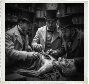 a surreal and vibrant cinematic photo of scientists in traditional 1915 attire, including long coats, gloves, and top hats, studying a deceased vampire with pale skin, sharp fangs, and piercing eyes, with the aim to explain how they are possible, set against a dimly lit, ornate laboratory background with various scientific equipment and old books, captured in a photorealistic style with film grain, featuring a mix of warm and cool colors, with the scientists' faces filled with a mix of curiosity and fear, their facial features detailed with high cheekbones, bushy eyebrows, and well-groomed beards, as they carefully examine the vampire's body, with a hint of mystical and mysterious atmosphere surrounding the scene.