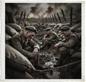 a surreal and vibrant cinematic photo of British soldiers with weary expressions, hunkered down in a muddy trench with weathered sandbags and twisted barbed wire, as the war rages on in the background with explosions and smoke filling the air, clothing and setting appropriate for the Great War, with soldiers wearing worn and tattered khaki uniforms, surreal photography, photorealistic, film grain, with a warm golden light casting long shadows across the trench, and a sense of chaos and desperation etched on the soldiers' faces, their skin worn and dirty, with a mix of fear and determination in their eyes.