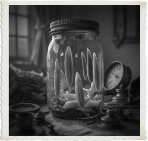 a surreal and vibrant cinematic photo of a worn antique jam jar partially filled with a assortment of fangs in varying sizes, one set significantly larger than the others, set against a muted 1915 backdrop with soft morning light, just before dawn, with old-fashioned clothing and accessories scattered around, captured in a photorealistic style with noticeable film grain, evoking a dreamlike atmosphere.