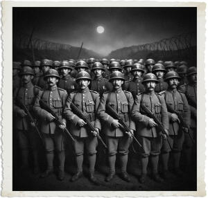 a surreal and vibrant cinematic photo of 90 soldiers armed to the teeth standing in formation with intricately detailed early 20th century rifles and helmets, wearing earth-toned uniforms with gold buttons and badges, set against a dark and ominous nocturnal backdrop of No Mans Land, with faint hints of barbed wire and trenches in the distance, captured in a photorealistic style with a gritty film grain texture, under the faint moonlight that casts long shadows across the desolate landscape, with the soldiers' determined facial expressions and weary eyes visible beneath their helmets, their skin tones ranging from pale to tanned, with some sporting bushy mustaches and stubble, as the night air is filled with an eerie silence, and the overall atmosphere is tense and foreboding.