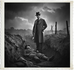 a surreal and vibrant cinematic photo of Inspector Lestrade from Sherlock Holmes fame investigating the site of a murdered British Soldier in a World War I trench, dressed in a long brown trench coat and wearing a fedora, with a serious expression on his pale face and a magnifying glass in his hand, set against a dark and misty backdrop of a war-torn landscape just before dawn in 1915, with soft golden light peeking through the clouds, surreal photography, photorealistic, film grain, and subtle colors of blue and gray dominating the scene, with hints of warm beige and brown from the trench and Lestrade's clothing.