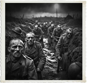 a surreal and vibrant cinematic photo of exhausted soldiers with worn faces, sunken eyes, and stubble, dressed in tattered 1915 military attire, standing in deep muddy trenches with visible signs of prolonged occupation, miserable and weary, set against the ominous backdrop of No Man's Land at night, with searchlights casting eerie shadows, captured in a photorealistic style with film grain, evoking a sense of desperation and hopelessness, the soldiers' skin pale and dirty, their uniforms faded and torn, with helmets and rifles at their sides, amidst a bleak and barren landscape, under a dark and foreboding sky, with subtle hints of barbed wire and ruined terrain in the distance.