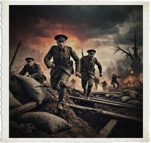 a surreal and vibrant cinematic photo of soldiers with worn and muddy uniforms, tired faces, and determined expressions, going over the top of a ruined and weathered trench, with wooden beams and sandbags scattered everywhere, and into no man's land, filled with intense gunfire, explosions, and death, amidst a chaotic and smoky battlefield, with barbed wire, cratered earth, and destroyed trees, under a dramatic and ominous sky with dark clouds and a reddish orange glow, clothing and setting appropriate for the Great War, in a photorealistic style with subtle film grain, vibrant colors, and high contrast, emphasizing the intense and devastating atmosphere of war.