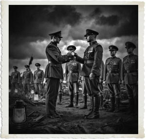 a surreal and vibrant cinematic photo of a British soldier receiving a medal from a general in a dramatic nighttime ceremony set amidst the desolate landscape of No Man's Land in 1915, with fellow soldiers looking on with pride, all dressed in authentic World War I uniforms and attire, surrounded by the eerie glow of flickering lanterns and the remnants of war, captured in a photorealistic style with a distressed film grain effect, evoking a sense of nostalgia and heroism, with the general's ornate medals and the soldier's humble pride taking center stage, under a dark and foreboding sky with clouds that seem to swirl in every direction.