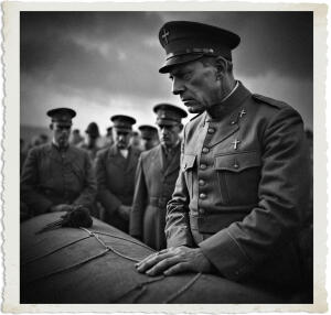 a surreal and vibrant cinematic photo of a military chaplain overseeing a burial, with the chaplain and mourners dressed in attire appropriate for 1915, set amidst a dreamlike landscape with muted colors and deep shadows, the chaplain's face somber with a strong jawline and weary eyes, wearing a traditional chaplain's uniform with a cross on his chest, the photography style is photorealistic with a subtle film grain texture, capturing the emotional intensity of the moment in a hauntingly beautiful and thought-provoking scene.