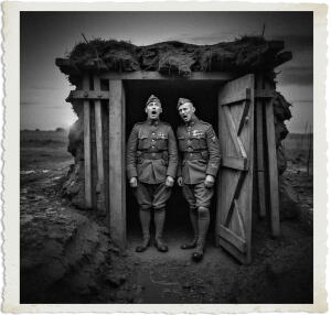a surreal and vibrant cinematic photo of two British soldiers standing at the entrance of a damp and worn dugout bunker with rough-hewn wooden beams and muddy walls, one soldier's jaw hanging loosely in a stunned expression, both wearing worn and tattered World War I uniforms with faded badges and medals, their faces pale and weary, with a mix of fear and exhaustion etched on their skin, set amidst a bleak and barren wartime landscape just before dawn, with a soft warm glow of sunrise peeking over the horizon, captured in a photorealistic style with subtle film grain and high contrast, evoking a sense of tension and foreboding.
