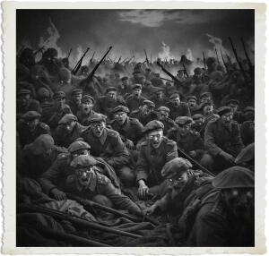a surreal and vibrant cinematic photo of a large group of soldiers clad in worn 1915 uniforms surrounded by an army of eerie creatures from the realm of nightmare, with twisted bodies and glowing eyes, set amidst a misty battlefield just before dawn, with faint stars still visible in the sky, the soldiers' faces etched with fear and exhaustion, their skin pale and dirty, surrounded by old rifles and torn fabric, the creatures' bodies a mass of dark shadows and flickering flames, the entire scene captured in a photorealistic style with film grain, evoking a sense of foreboding and dread, with muted earthy tones and flashes of vibrant colors, the composition chaotic and intense, with soldiers and creatures intertwined in a desperate struggle for survival.