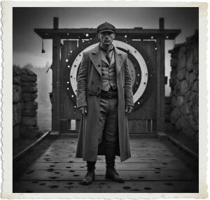 a surreal and vibrant cinematic photo of Target at a shooting range, riddled with bullet holes, with a worn wooden backdrop and old stone walls, set in a misty dawn landscape just before sunrise in 1915, Target dressed in a long brown coats and newsboy cap, with a distressed leather belt and worn boots, the shooting range equipment and Target's clothing are reminiscent of the early 20th century, the photo has a surreal and dreamlike quality, with a mix of photorealistic and film grain elements, the colors are muted and earthy, with shades of brown, beige, and grey, the overall mood is eerie and haunting, with a sense of nostalgia and decay.