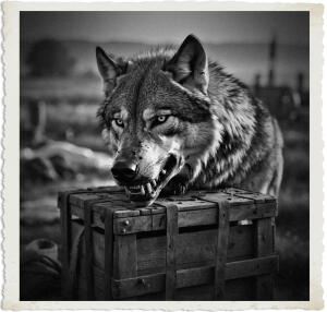 a surreal and vibrant cinematic photo of a large and bloody wolf's head teetering on a worn wooden crate with rusty metal straps, set against a soft warm glow of dawn breaking over a rural landscape in 1915, with old farming tools and vintage clothing scattered around, captured in a photorealistic style with a mix of cool and warm tones, subtle film grain, and a shallow depth of field, emphasizing the eerie presence of the wolf's head with its sharp teeth and piercing eyes, amidst the eerie silence of the pre-dawn hour.