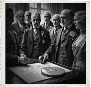 a surreal and vibrant cinematic photo of a Singing ceremony for the Armistice, set in a dimly lit room with hints of dawn breaking outside, where dignitaries in formal attire typical of 1915 are gathered, and right beside the historic document being signed on a ornate wooden table, there is a big, bright red button with the word EASY embossed in bold, golden letters, the scene is captured in a photorealistic style with a hint of film grain, and the overall mood is one of eerie juxtaposition between the solemnity of the occasion and the incongruity of the modern button, with the subjects' faces filled with a mix of curiosity and caution, their skin tones ranging from pale to rosy, and their clothing adorned with intricate details and textures, all under the soft, warm glow of early morning light.