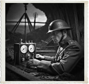a surreal and vibrant cinematic photo of a soldier with a determined expression, wearing a worn leather helmet and a British Army uniform from 1915, sitting in a dimly lit dugout headquarters, surrounded by wooden planks and muddy earth, operating a vintage wireless radio set, with a large antenna looming in the background, the scene illuminated by a faint, eerie glow, just before dawn, with a sense of tension and anticipation, surreal photography, photorealistic, film grain, earthy tones, and muted colors, with the soldier's face lit by the soft glow of the radio's dials and gauges.