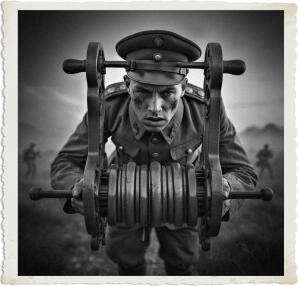 a surreal and vibrant cinematic photo of a soldier with a distressed expression, being wrung through an old-fashioned wringer, with intricately detailed metal gears and wooden handles, set against a misty, dreamlike backdrop of a World War I battlefield, just before dawn, with the sky transitioning from deep blues to soft pinks and oranges, the soldier wearing a classic 1915 military uniform with brass buttons, leather boots, and a helmet, surrounded by faint, glowing film grain, captured in a photorealistic style with a mix of warm and cool colors, emphasizing the contrast between the harsh reality of war and the surreal, fantastical scene, with every element, from the soldier's worn, weary face to the rugged, mechanical wringer, rendered in precise, high-contrast detail.