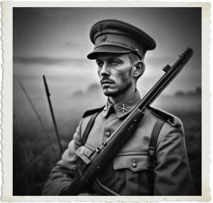 a surreal and vibrant cinematic photo of a cardboard cutout of a British soldier wearing a khaki uniform and holding a Lee-Enfield rifle, set against a misty landscape with a soft pink and blue sky just before dawn in 1915, with photorealistic details and a fine film grain texture, the soldier's cutout edges are slightly worn and rough, with a stern expression on his face, his skin is pale with a subtle stubble, and his eyes are cast downward, the overall atmosphere is dreamlike and eerie.