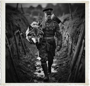British officer walkin down the trenches headed towards his dugout, while carrying the head o a large wolf. Uniform muddy, bloody, torn with visible claw marks. Setting and clothing appropriate for 1915, just before dawn.