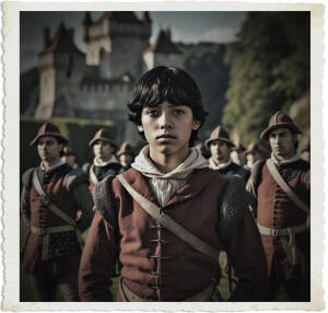 a surreal and vibrant cinematic photo of a black-haired teenager with piercing brown eyes and smooth olive skin doing drill with seasoned soldiers wearing 16th-century French military attire, set against a backdrop of a rustic stone castle and lush green forests of 1570 France, with a warm golden light casting long shadows, clothing and setting meticulously detailed to resemble the Renaissance era, surreal photography blended with photorealistic elements, subtle film grain texture adding a sense of nostalgia and timelessness to the image.