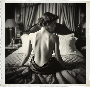 Black and white vintage-style photograph of a woman sitting upright on a bed, viewed from behind. Her back is bare, with an elegant updo hairstyle, as she looks toward the right side of the frame. She is partially covered by a dark patterned fabric around her waist, in a dimly lit bedroom with ornate bedding and curtains. The image has a distressed, aged photo border