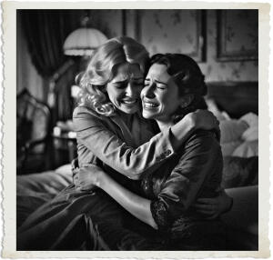 Black-and-white vintage-style photograph with a torn-paper border, capturing an intense emotional moment of two women embracing tightly on a bed. Both are crying with contorted, sorrowful expressions—one with blonde waves comforting the other with dark curled hair—arms wrapped around each other in a moment of shared grief or distress.