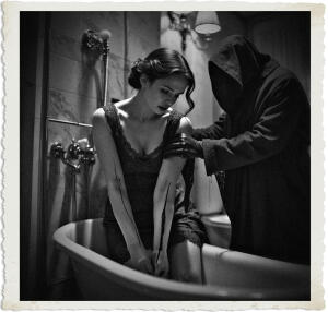 Black-and-white vintage-style photograph with a torn-paper border, depicting a tense, ominous bathroom scene. A woman in a dark lace slip sits in a clawfoot bathtub, head bowed and black liquid dripping down her arms, while a hooded figure in dark robes stands beside her with a gloved hand resting on her shoulder. Dramatic lighting heightens the dark, foreboding atmosphere.
