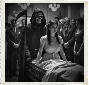 Black-and-white vintage-style photograph with a torn-paper border, featuring a surreal funeral scene. The Grim Reaper—a hooded skeletal figure holding a large scythe—stands beside a distressed young woman in a white dress next to an open casket. Formal mourners gather in the softly lit background, heightening the dramatic and allegorical atmosphere.