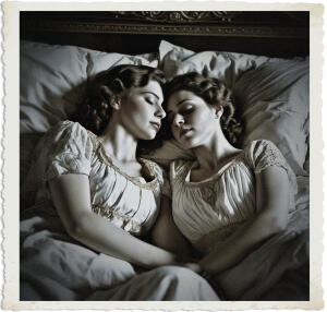 Black and white vintage-style photograph of two women sleeping peacefully side-by-side in bed. They lie facing each other with eyes closed, heads resting close on shared pillows, wearing delicate period nightgowns with lace trim. The image features a dark ornate headboard and has a distressed, aged photo border.