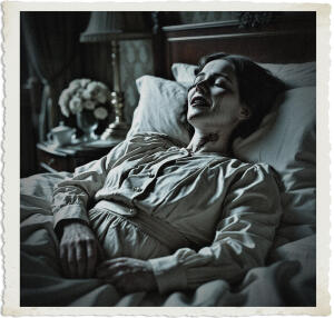 Black and white vintage-style photograph of a woman lying dead in bed. She rests against pillows with eyes closed and mouth slightly open, dark blood streaking her face and neck. She wears a period nightgown, with a bedside lamp, flowers, and ornate headboard visible in the dimly lit room. The image has a distressed, aged photo border.