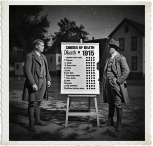 A dramatic black-and-white vintage-style photograph with torn paper edges, showing two men in early 20th-century long coats and boots standing outdoors at night beside a large flip chart on an easel. The chart is titled “CAUSES OF DEATH” with “Death ♥ 1915” and lists satirical or cryptic causes (e.g., “Mightiest onion omiles,” “Hemps,” “fever,” “old tired orlordo paices”) with dot patterns indicating counts. The scene has a dark, ironic wartime atmosphere under a starry sky with buildings in the background.