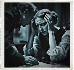 Black-and-white vintage-style photograph with a torn-paper border, showing a distressed woman with her hair in an updo and hands clutching her head, brow furrowed in pain or worry. A man in dark period clothing leans in closely from behind her, his hand resting on the table, creating an intimate and tense dramatic scene.