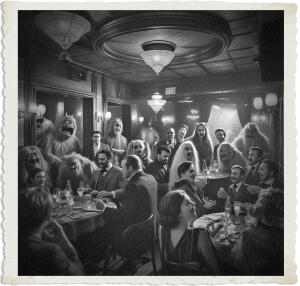 A dramatic black-and-white vintage-style photograph with torn paper edges, depicting a surreal and unsettling scene inside a lavish early 20th-century dining hall or restaurant. Well-dressed men and women in formal 1920s–1930s attire sit at elegantly set tables with glassware and chandeliers overhead, casually dining and conversing alongside grotesque monsters — including large, fanged werewolf-like creatures, shaggy beasts, and ghostly pale figures — all mingling together as if it were perfectly normal.