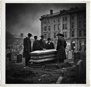Black-and-white vintage-style photograph with a torn-paper border, showing a somber funeral in a rainy cemetery at night. Several men in dark overcoats and hats stand around a closed casket on a grave, heads bowed in mourning, with piles of fresh earth nearby. A large stone building looms in the misty, rain-streaked background.