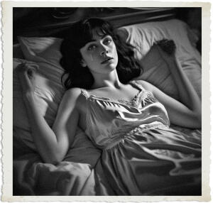 Black-and-white vintage-style photograph with a torn-paper border, showing a young woman with dark hair and bangs lying in bed in a satin lace-trimmed slip. A tear rolls down her cheek as she gazes upward with a sorrowful, distant expression, one arm raised near her head amid rumpled pillows and bedding, conveying deep emotional distress.
