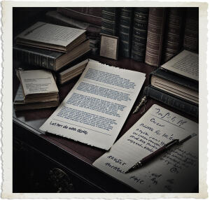 Black and white photograph of a vintage wooden desk cluttered with antique leather-bound books, scattered documents, and handwritten notes. In the foreground, a torn page reads “Let her de with djnity.” while another paper shows cursive handwriting dated Dec 4, 18__. A fountain pen rests nearby, evoking a mysterious, scholarly atmosphere with aged photo borders
